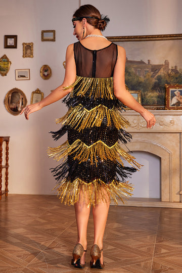 Golden Fringes Flapper Flott Gatsby-kjole med paljetter